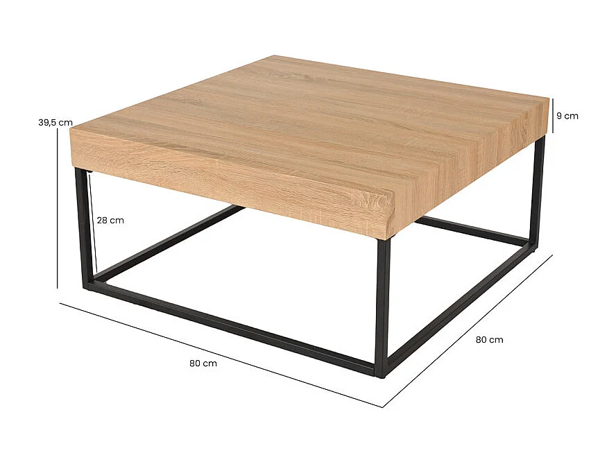 Table basse carrée 80 x 80 cm décor chêne et pieds métal – BILLIE