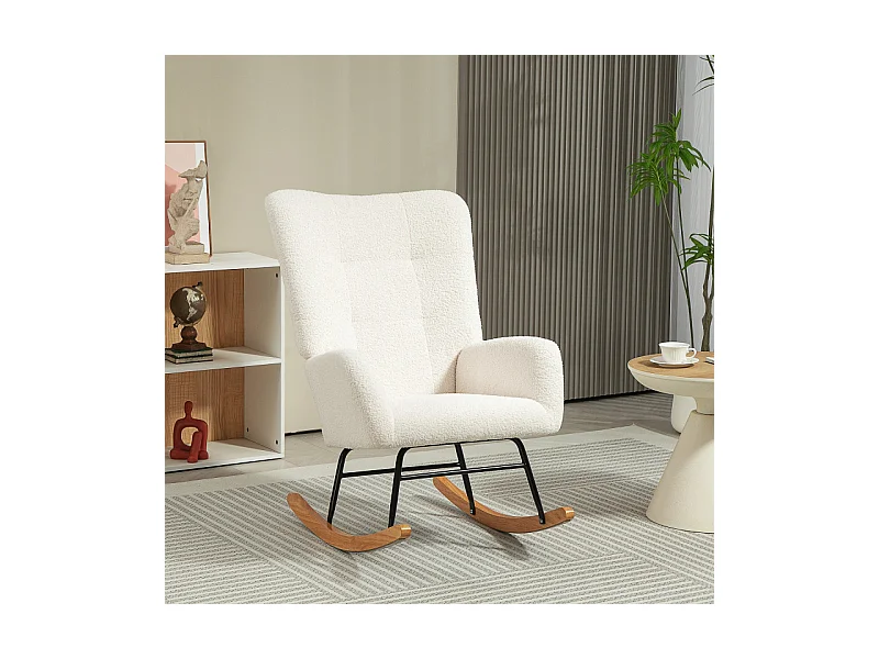 Fauteuil à bascule style nordique bois hévéa effet laine bouclée