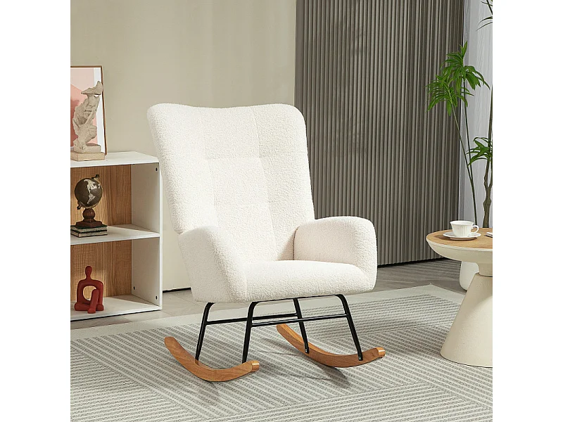 Fauteuil à bascule style nordique bois hévéa effet laine bouclée