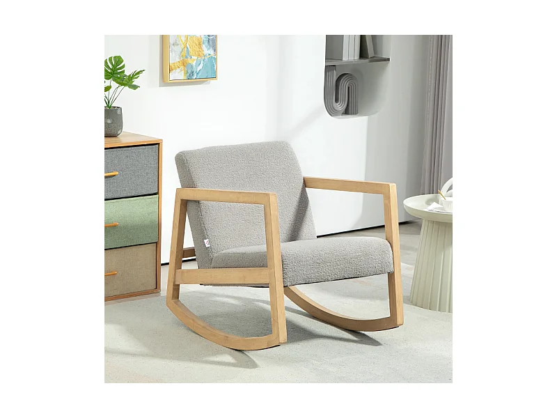 Fauteuil lounge à bascule bois hévéa effet peau de mouton