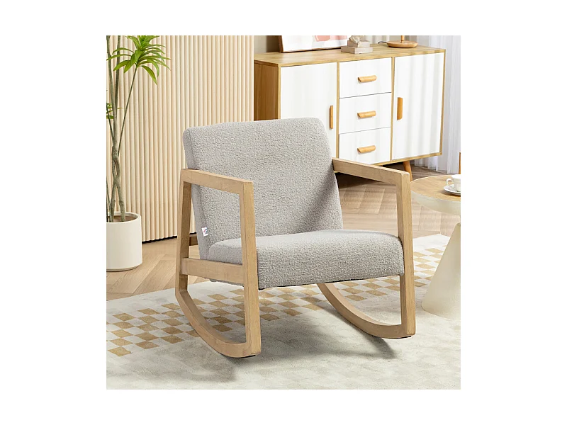 Fauteuil lounge à bascule bois hévéa effet peau de mouton