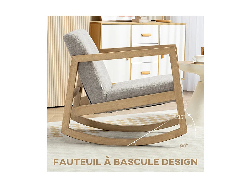 Fauteuil lounge à bascule bois hévéa effet peau de mouton
