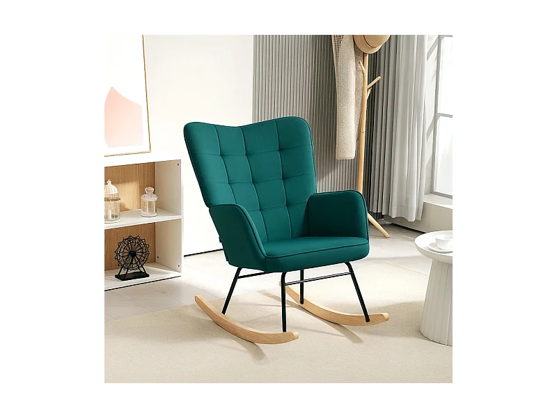 Fauteuil à bascule rocking chair design acier piètement bois effet velours