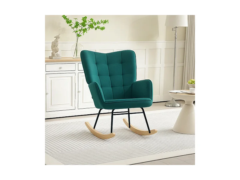 Fauteuil à bascule rocking chair design acier piètement bois effet velours