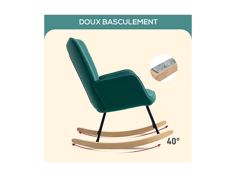Fauteuil à bascule rocking chair design acier piètement bois effet velours