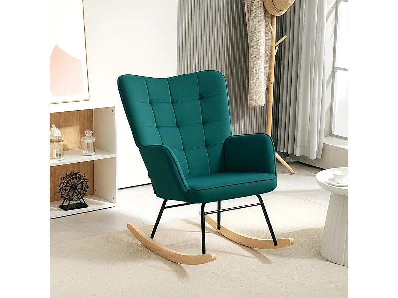 Fauteuil à bascule rocking chair design acier piètement bois effet velours