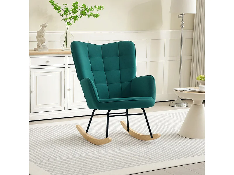 Fauteuil à bascule rocking chair design acier piètement bois effet velours