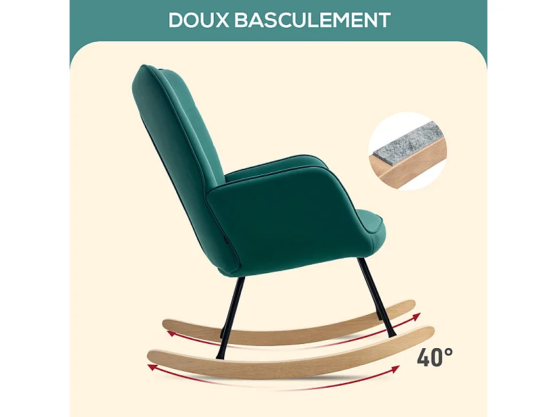 Fauteuil à bascule rocking chair design acier piètement bois effet velours