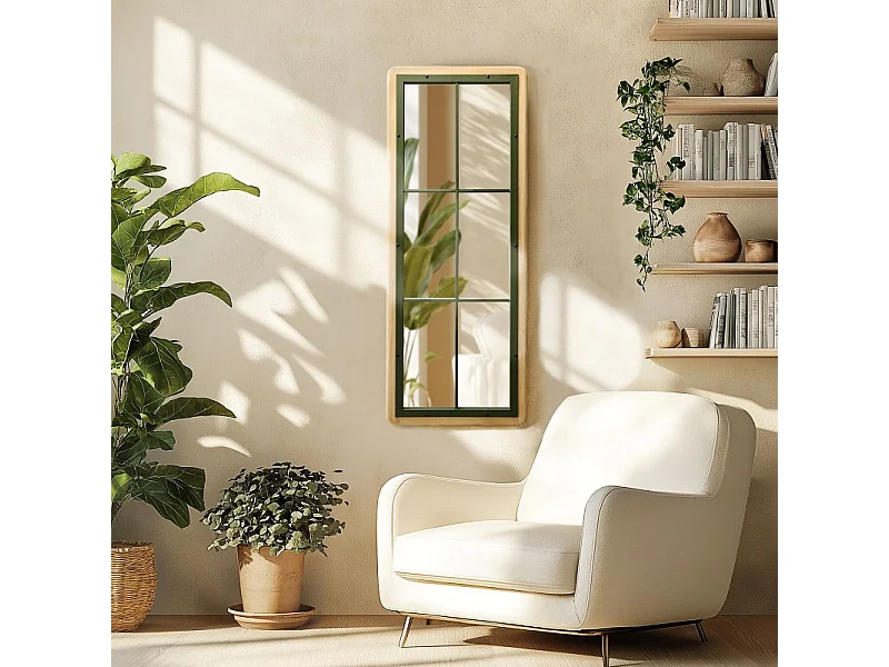 HELENA - Miroir rectangulaire esprit verrière bois pin et métal vert