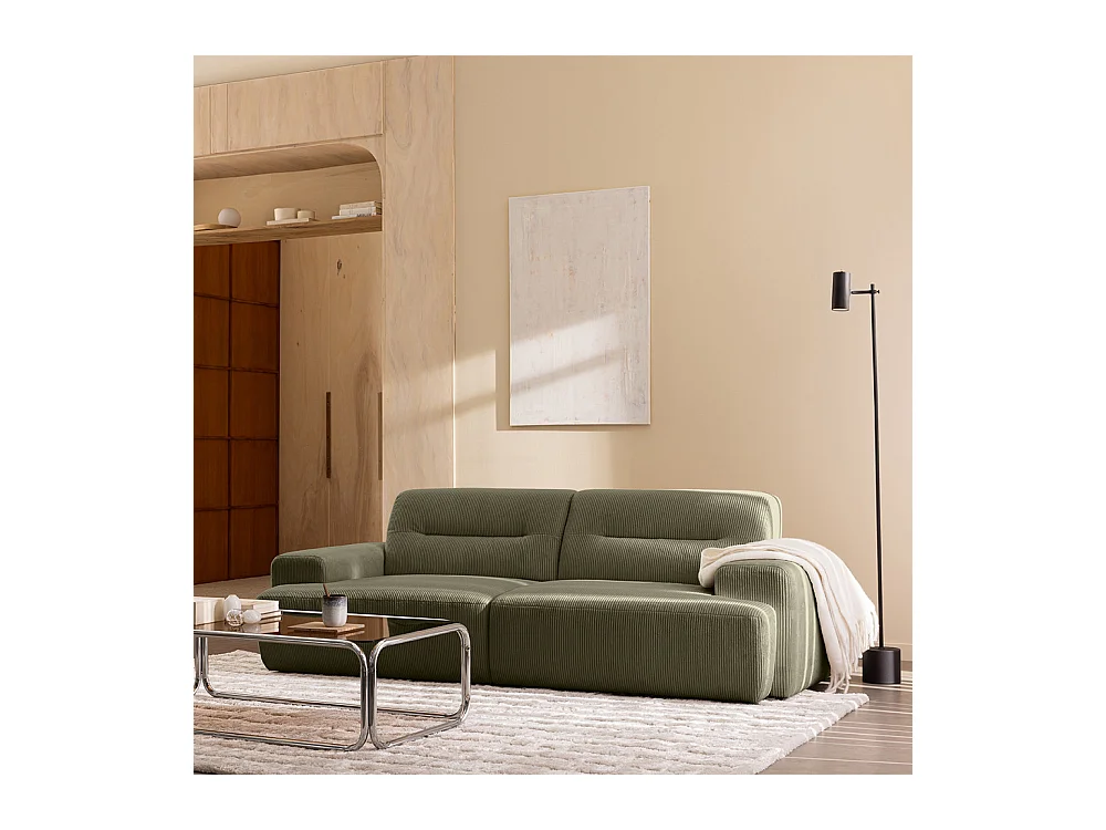 Stune - Canapé droit 4 places en velours côtelé à accoudoirs larges - Vert