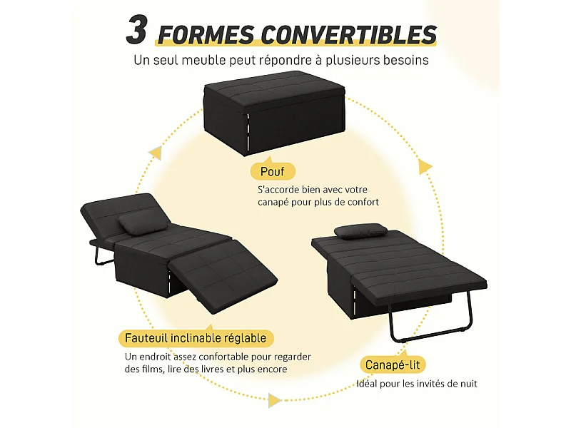 Fauteuil chauffeuse chaise longue pouf 3 en 1 lin