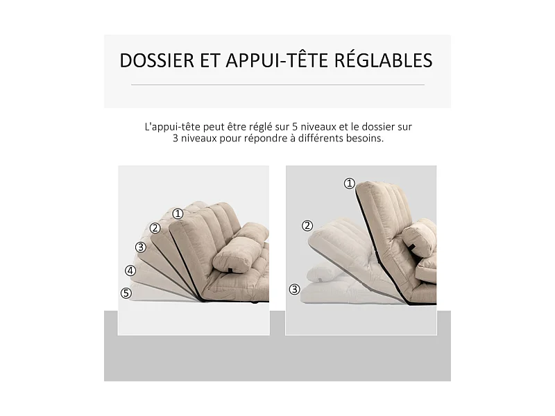 Chauffeuse dossier inclinable avec coussins SOIZIC beige