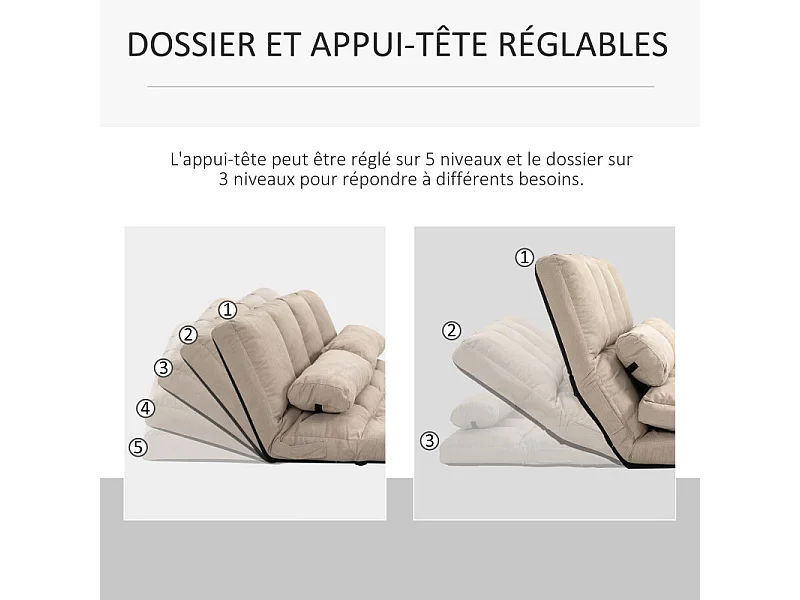 Chauffeuse dossier inclinable avec coussins SOIZIC beige