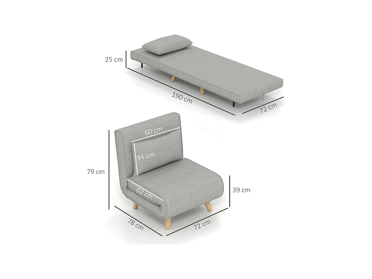 Fauteuil chauffeuse convertible style scandinave avec coussin tissu