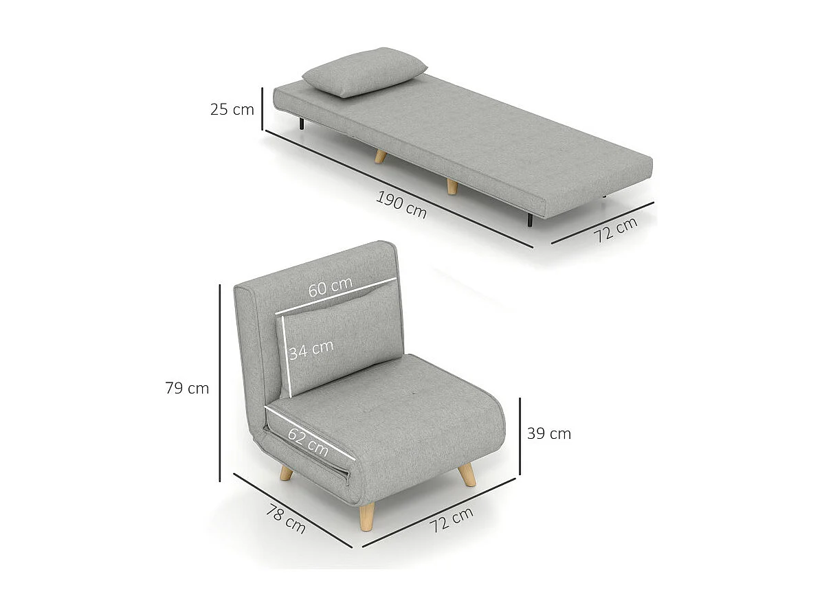 Fauteuil chauffeuse convertible style scandinave avec coussin tissu