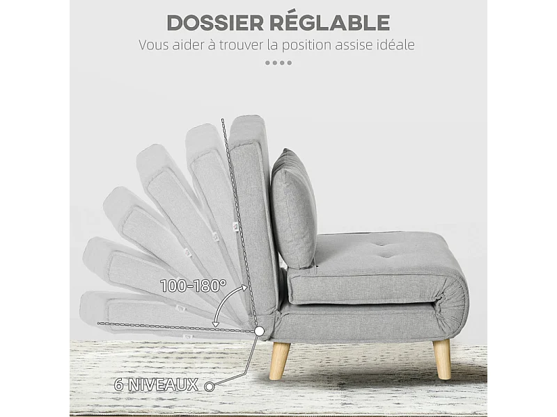 Fauteuil chauffeuse convertible style scandinave avec coussin tissu