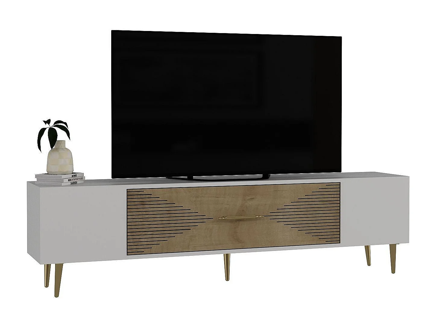 Móvel de TV – 150 cm x 48.2 cm x 29.6 cm – Carvalho Safira, Branco e Dourado – Painéis de partículas revestidos a melamina