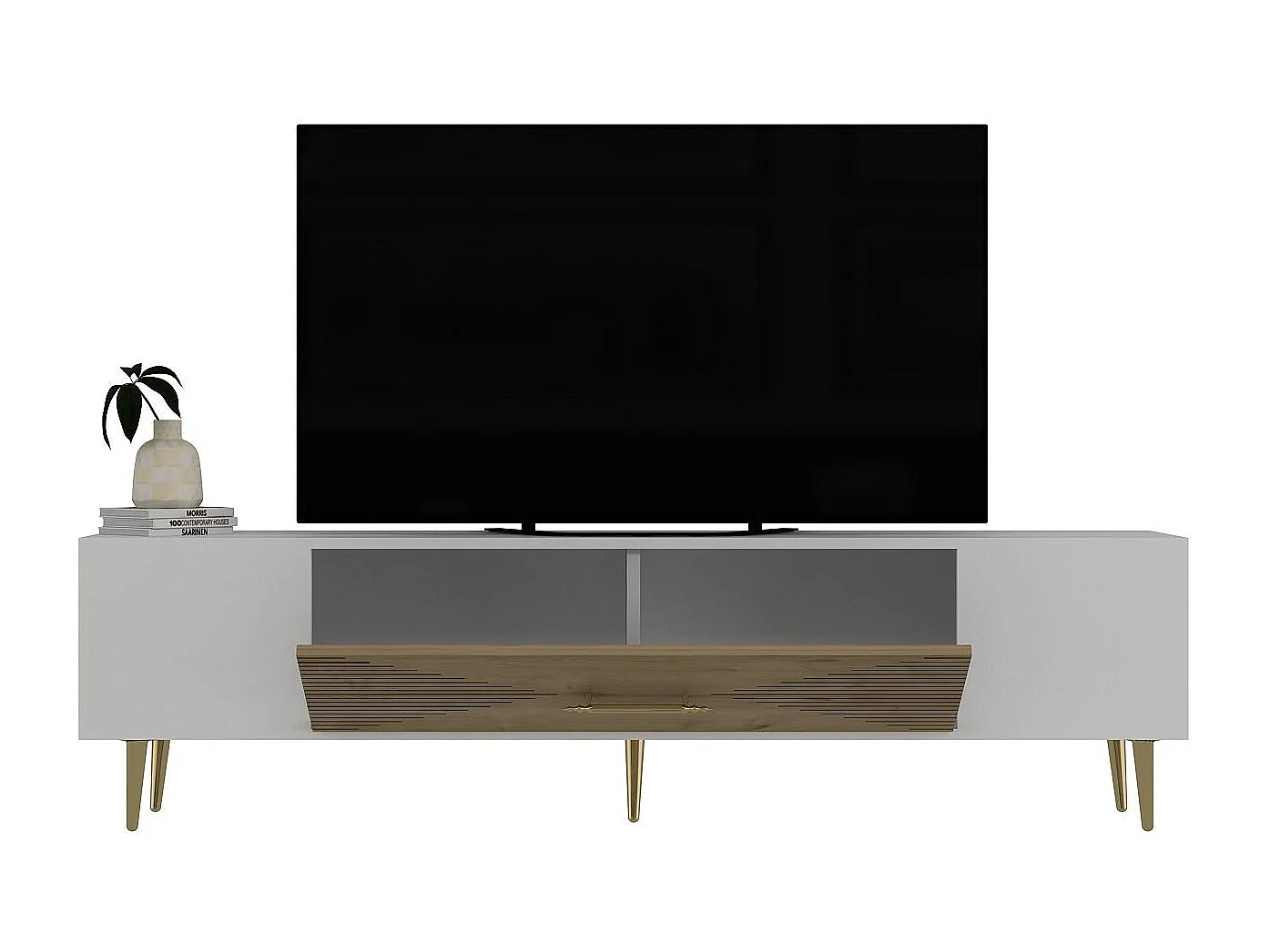 Móvel de TV – 150 cm x 48.2 cm x 29.6 cm – Carvalho Safira, Branco e Dourado – Painéis de partículas revestidos a melamina