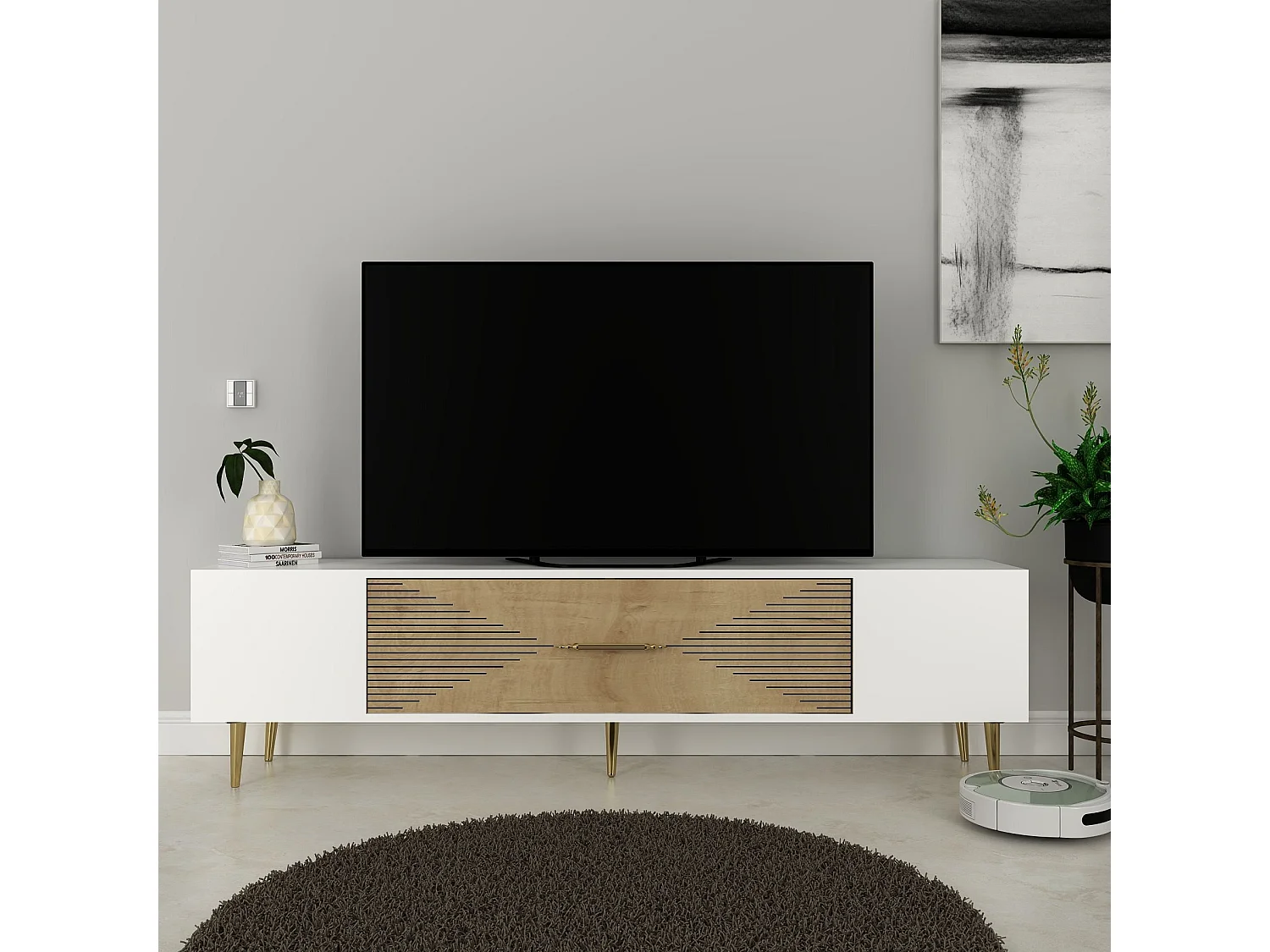 TV-Ständer – 150 cm x 48,2 cm x 29,6 cm – Saphir-Eiche, Weiß und Gold – Melaminbeschichtete Spanplatte