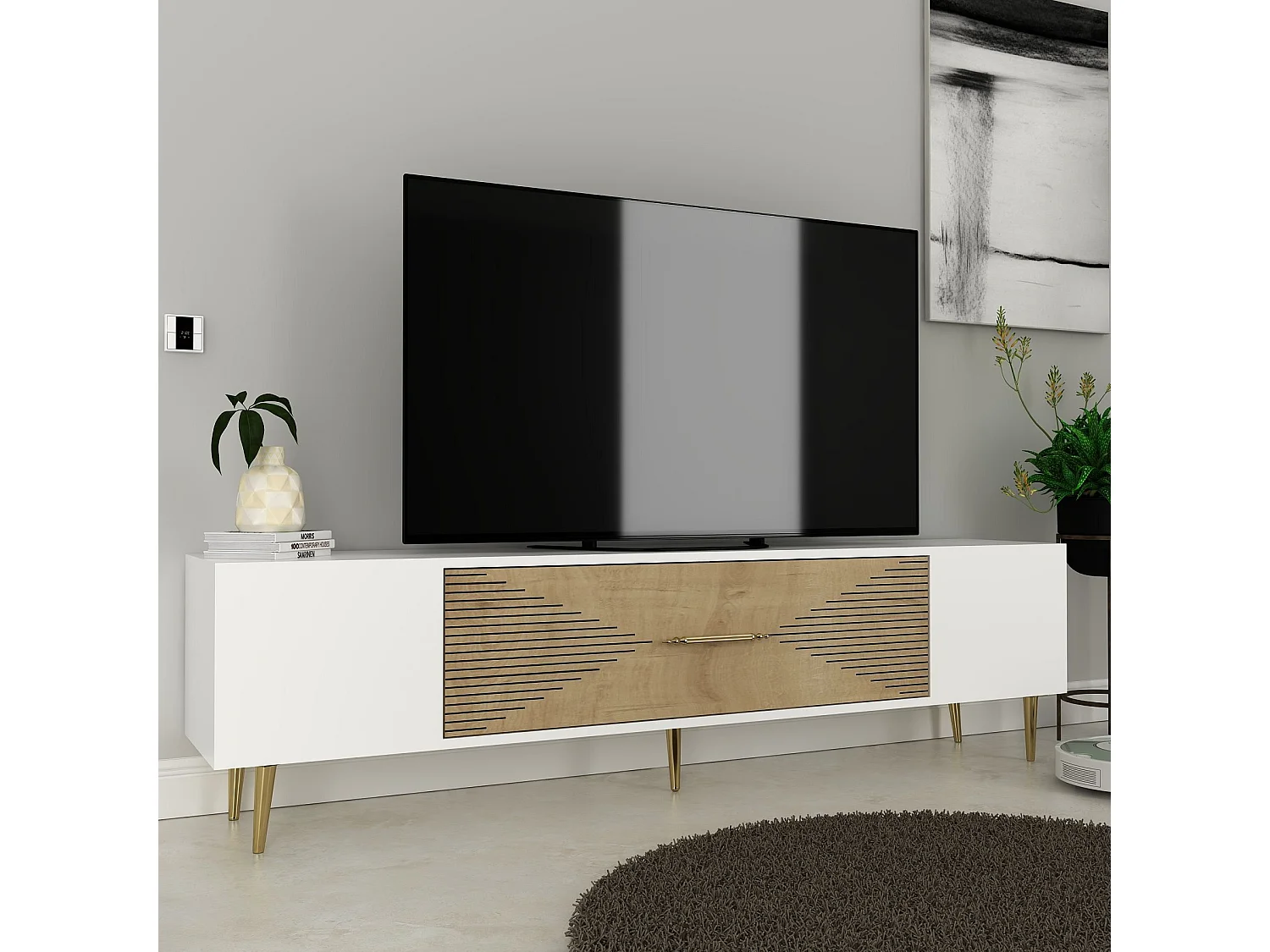 TV-Ständer – 150 cm x 48,2 cm x 29,6 cm – Saphir-Eiche, Weiß und Gold – Melaminbeschichtete Spanplatte