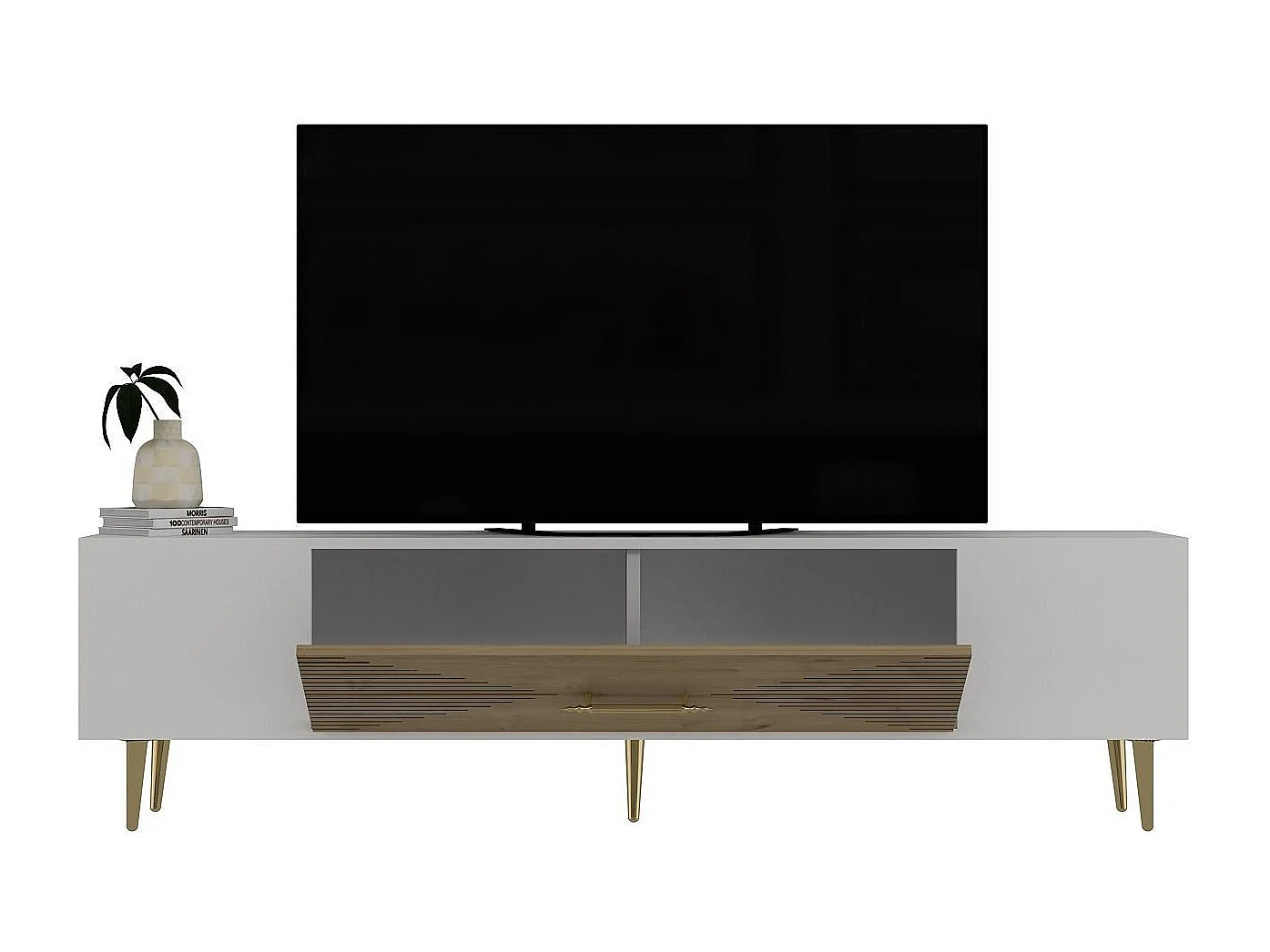 TV-Ständer – 150 cm x 48,2 cm x 29,6 cm – Saphir-Eiche, Weiß und Gold – Melaminbeschichtete Spanplatte