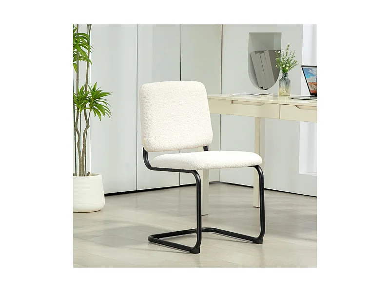 Chaise design cantilever métal noir effet laine bouclée blanc crème