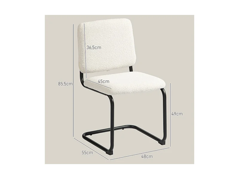 Chaise design cantilever métal noir effet laine bouclée blanc crème