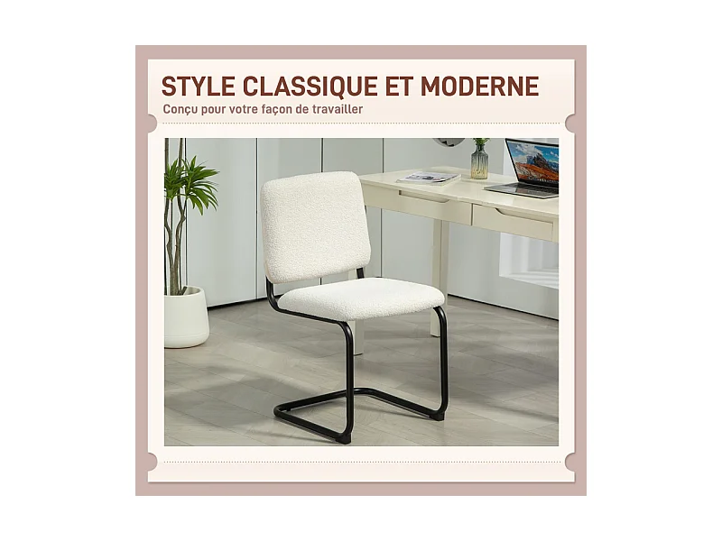 Chaise design cantilever métal noir effet laine bouclée blanc crème
