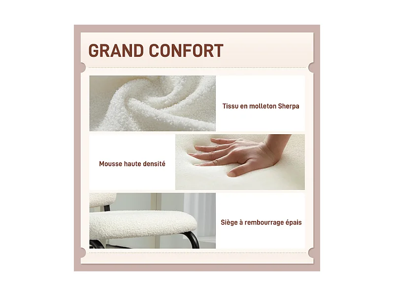 Chaise design cantilever métal noir effet laine bouclée blanc crème