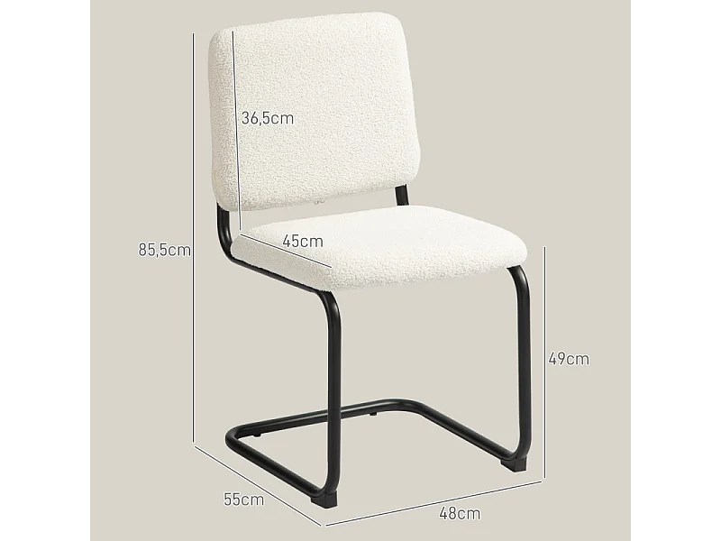 Chaise design cantilever métal noir effet laine bouclée blanc crème