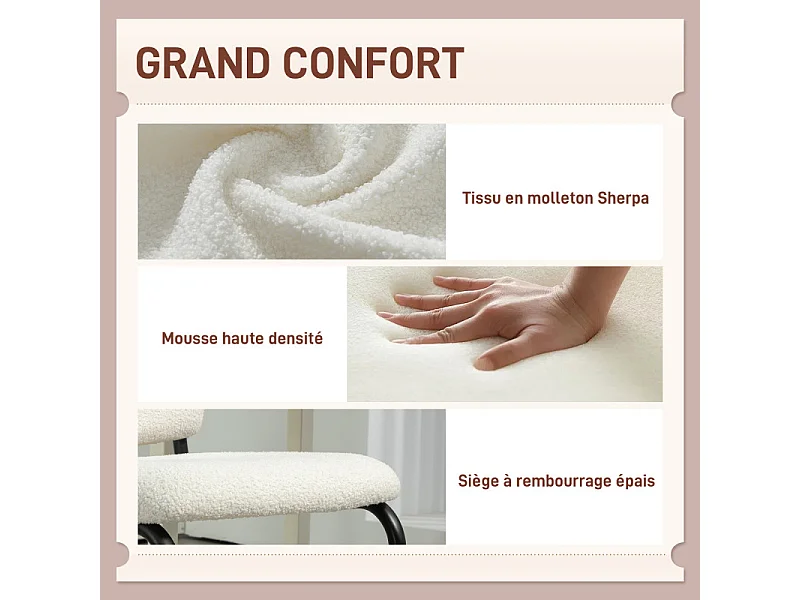 Chaise design cantilever métal noir effet laine bouclée blanc crème