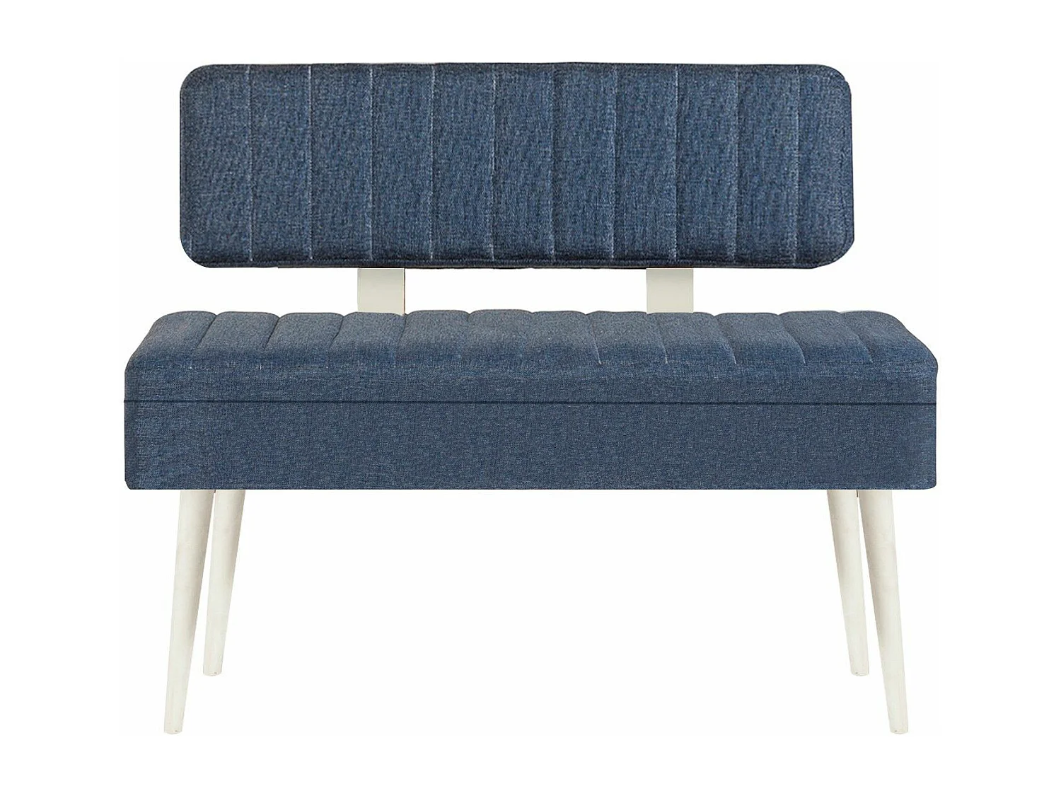 Banquette-coffre capitonnée avec dossier L105cm Molva Bois Blanc et Tissu Bleu foncé