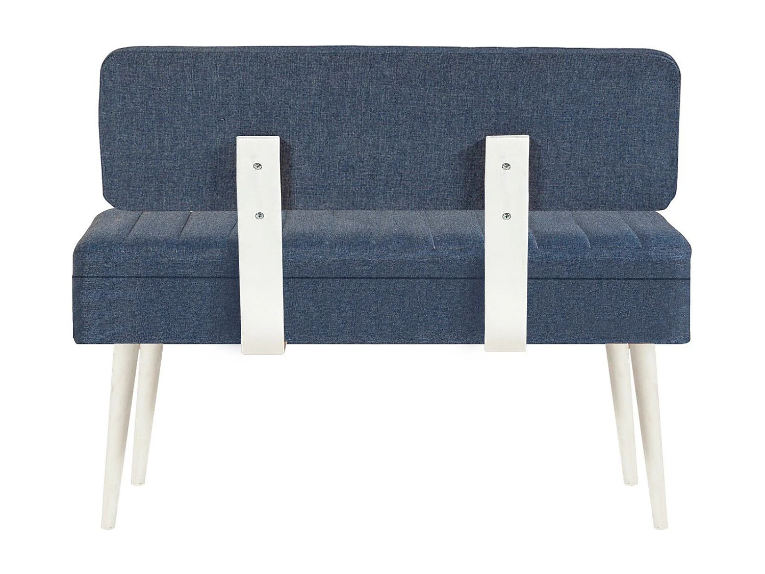 Banquette-coffre capitonnée avec dossier L105cm Molva Bois Blanc et Tissu Bleu foncé