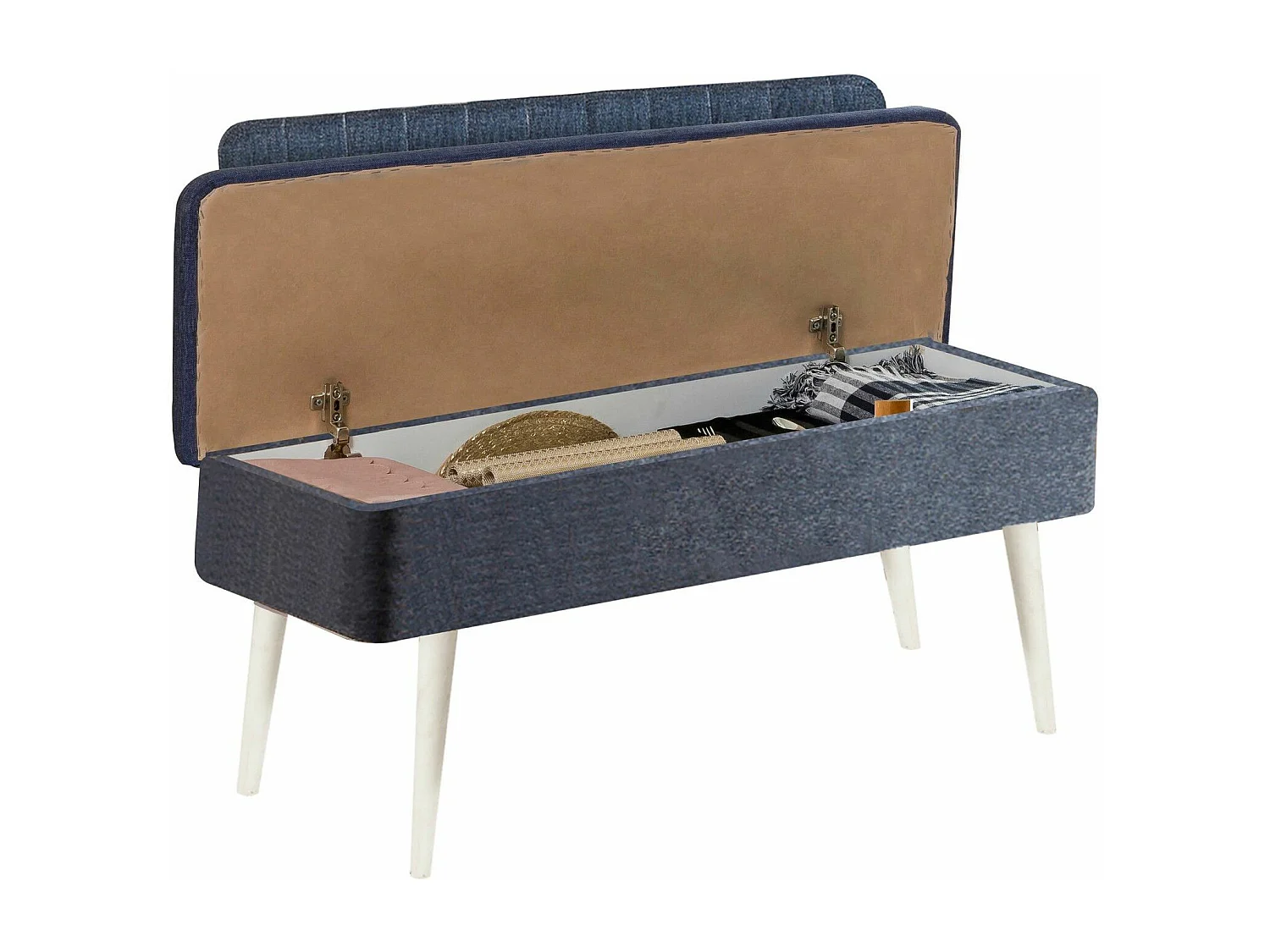 Banquette-coffre capitonnée avec dossier L105cm Molva Bois Blanc et Tissu Bleu foncé