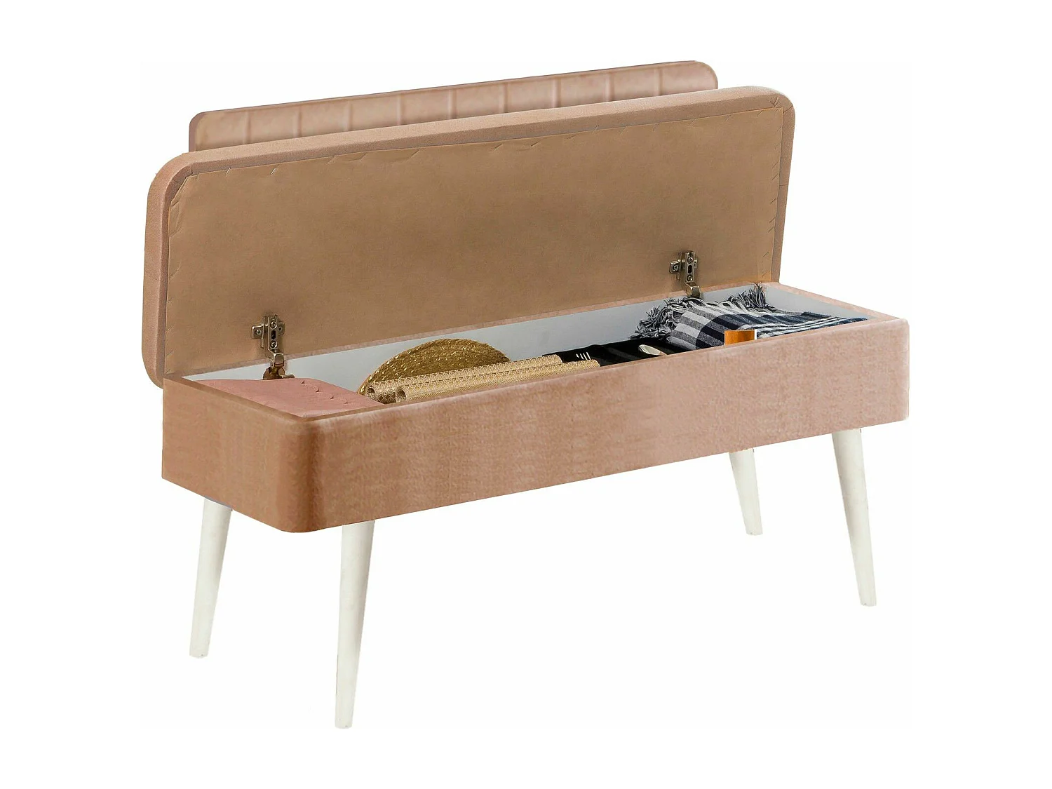 Banquette-coffre capitonnée avec dossier L105cm Molva Bois Blanc et Tissu Taupe