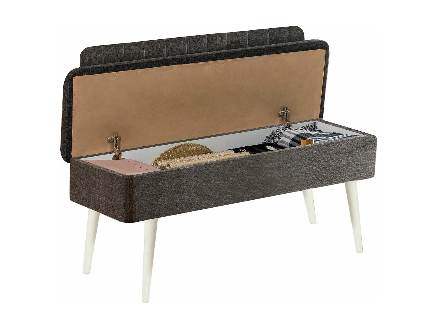 Banquette-coffre capitonnée avec dossier L105cm Molva Bois Blanc et Tissu Anthracite