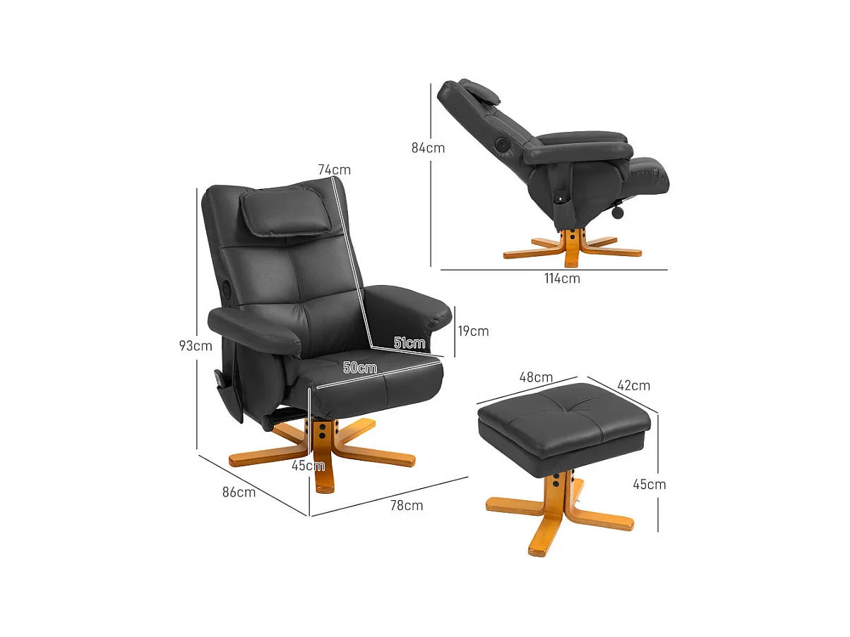 Ensemble fauteuil massant repose-pieds design Chesterfield bois PU noir