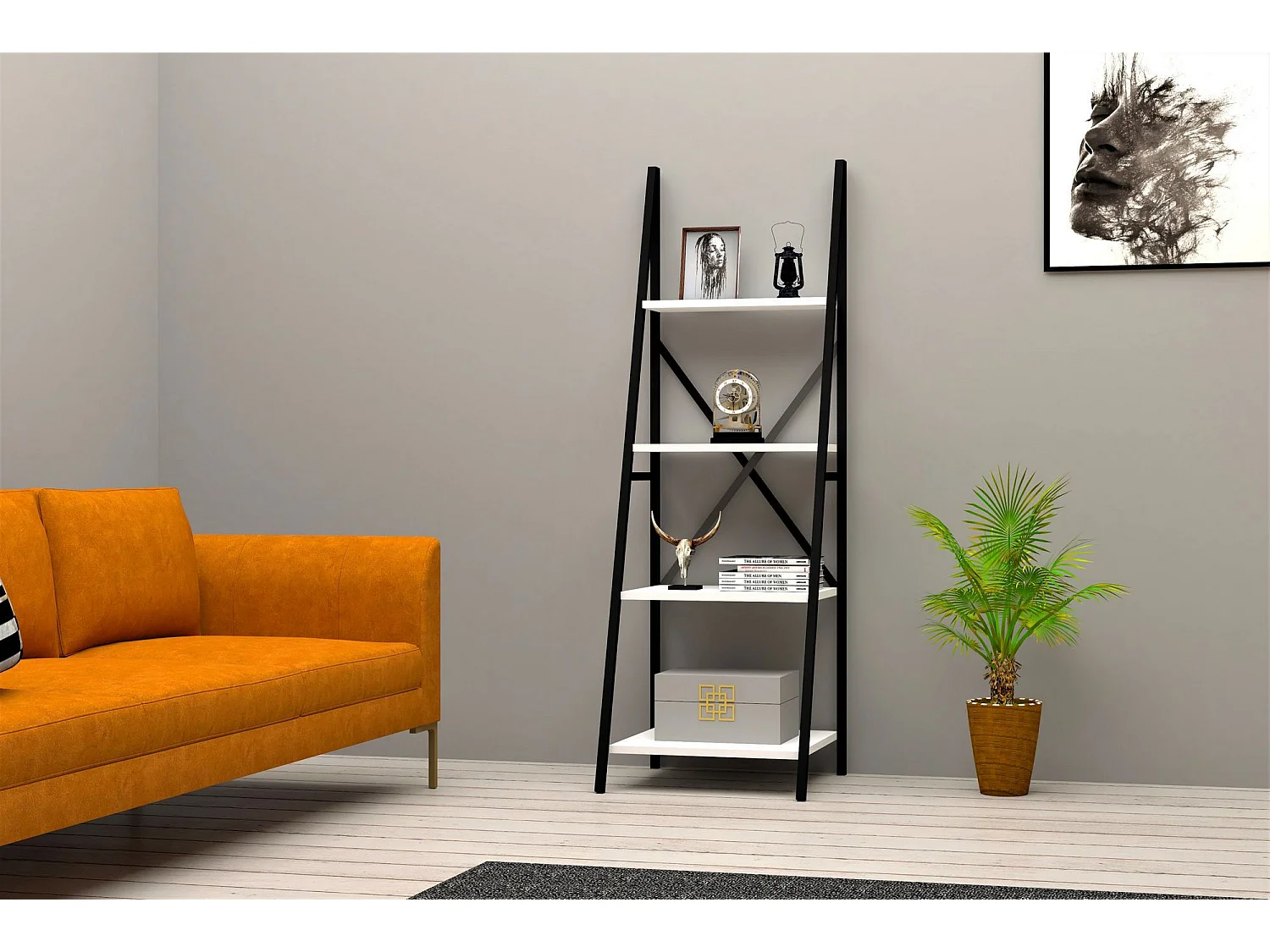 Estante de livros – 50 cm x 150 cm x 44 cm – Branco e Preto – Metal e painel de partículas