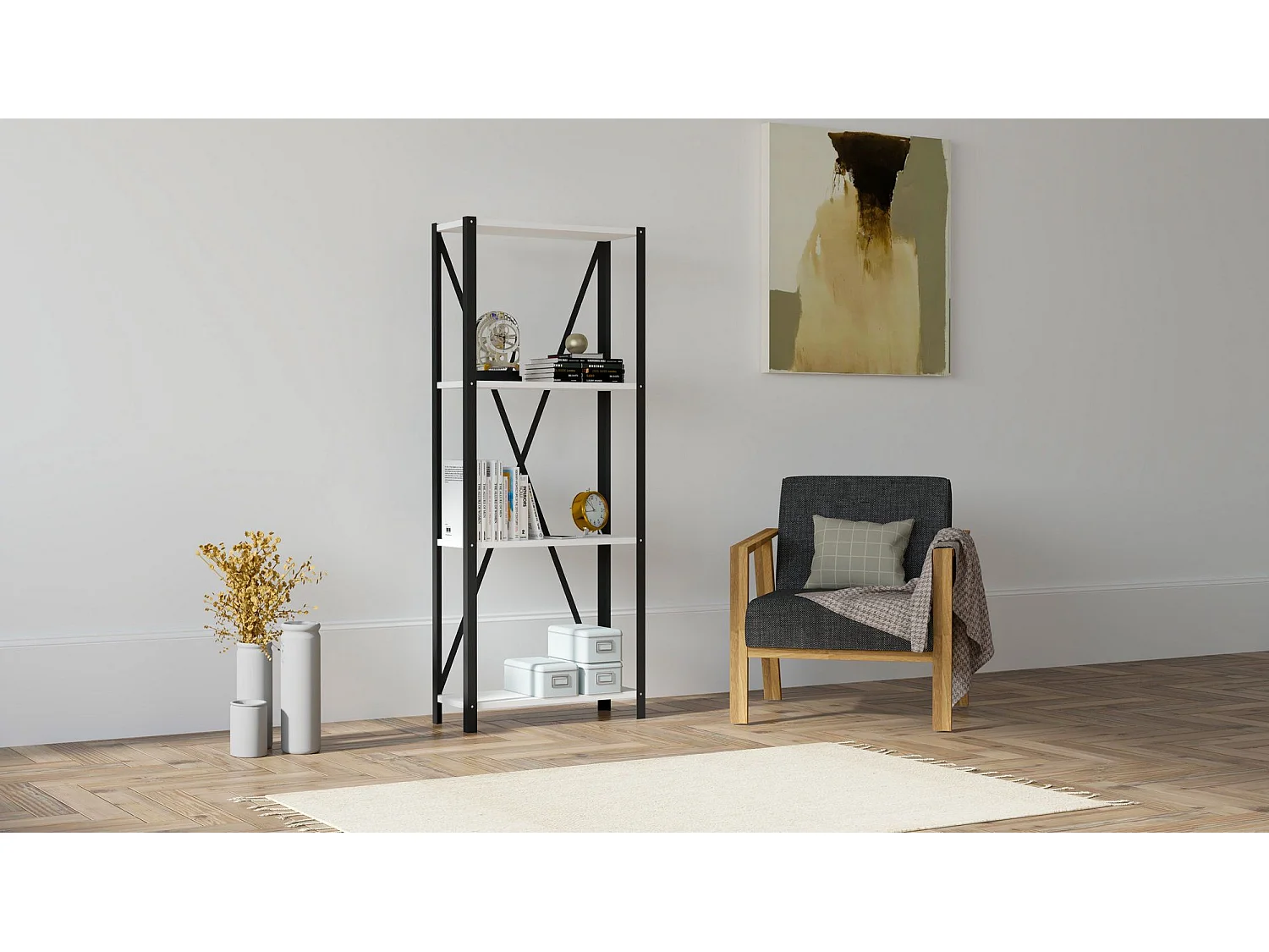 Librería – 60 cm x 149,5 cm x 29 cm – Blanca y Negra – Metal y Tablero de Partículas