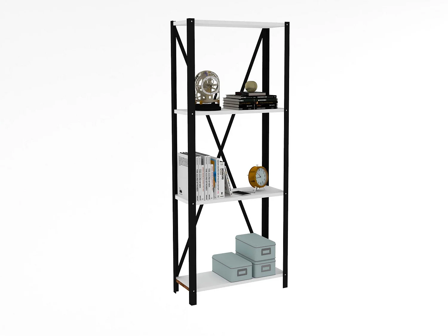 Librería – 60 cm x 149,5 cm x 29 cm – Blanca y Negra – Metal y Tablero de Partículas