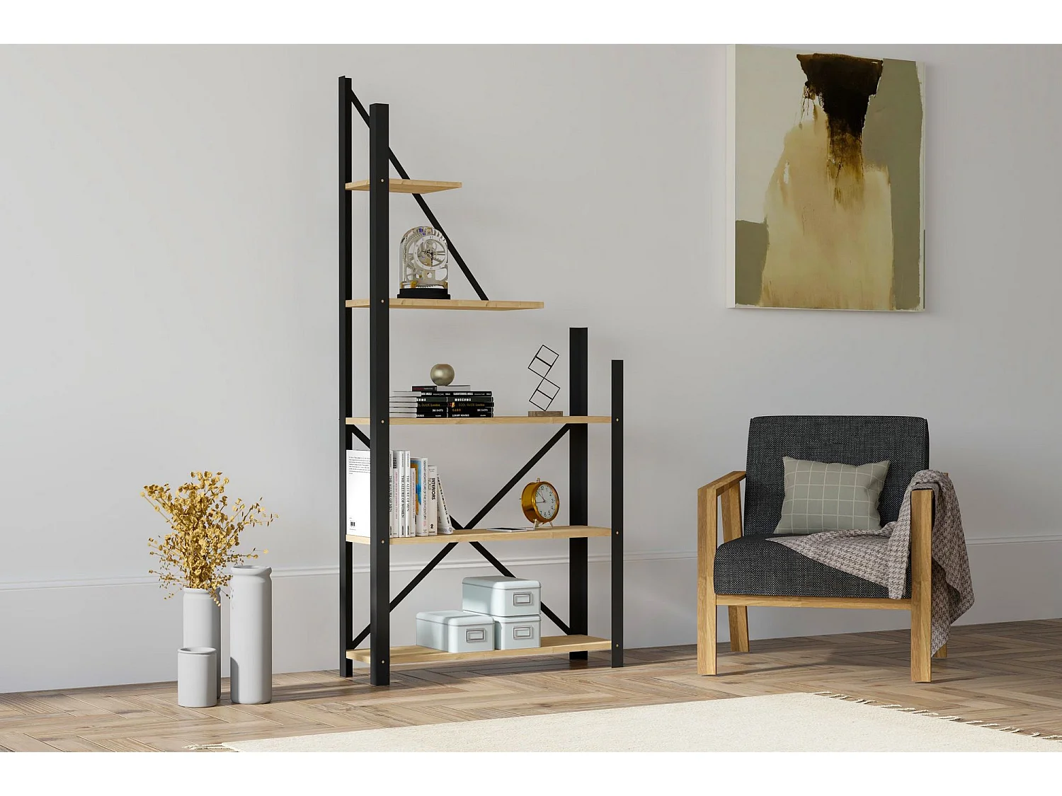 Estante de livros – 80 cm x 169.5 cm x 24 cm – Preto e Safira – Painel de partículas revestido a melamina