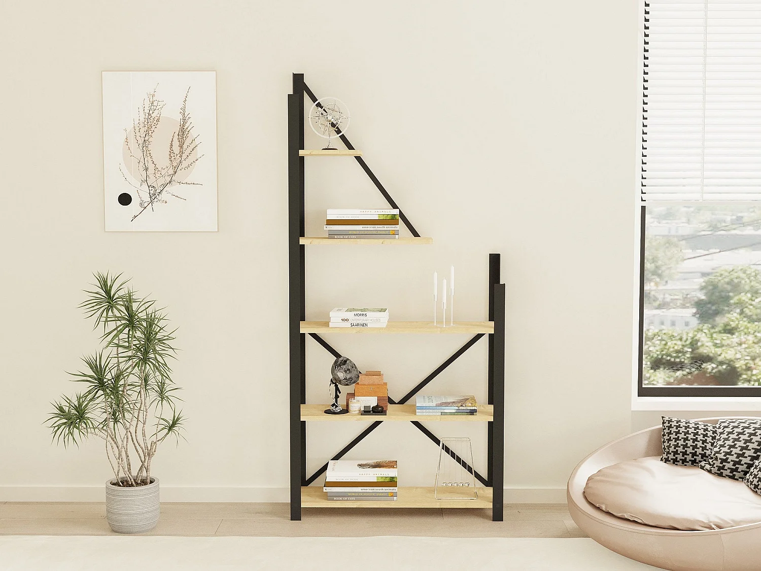 Estante de livros – 80 cm x 169.5 cm x 24 cm – Preto e Safira – Painel de partículas revestido a melamina