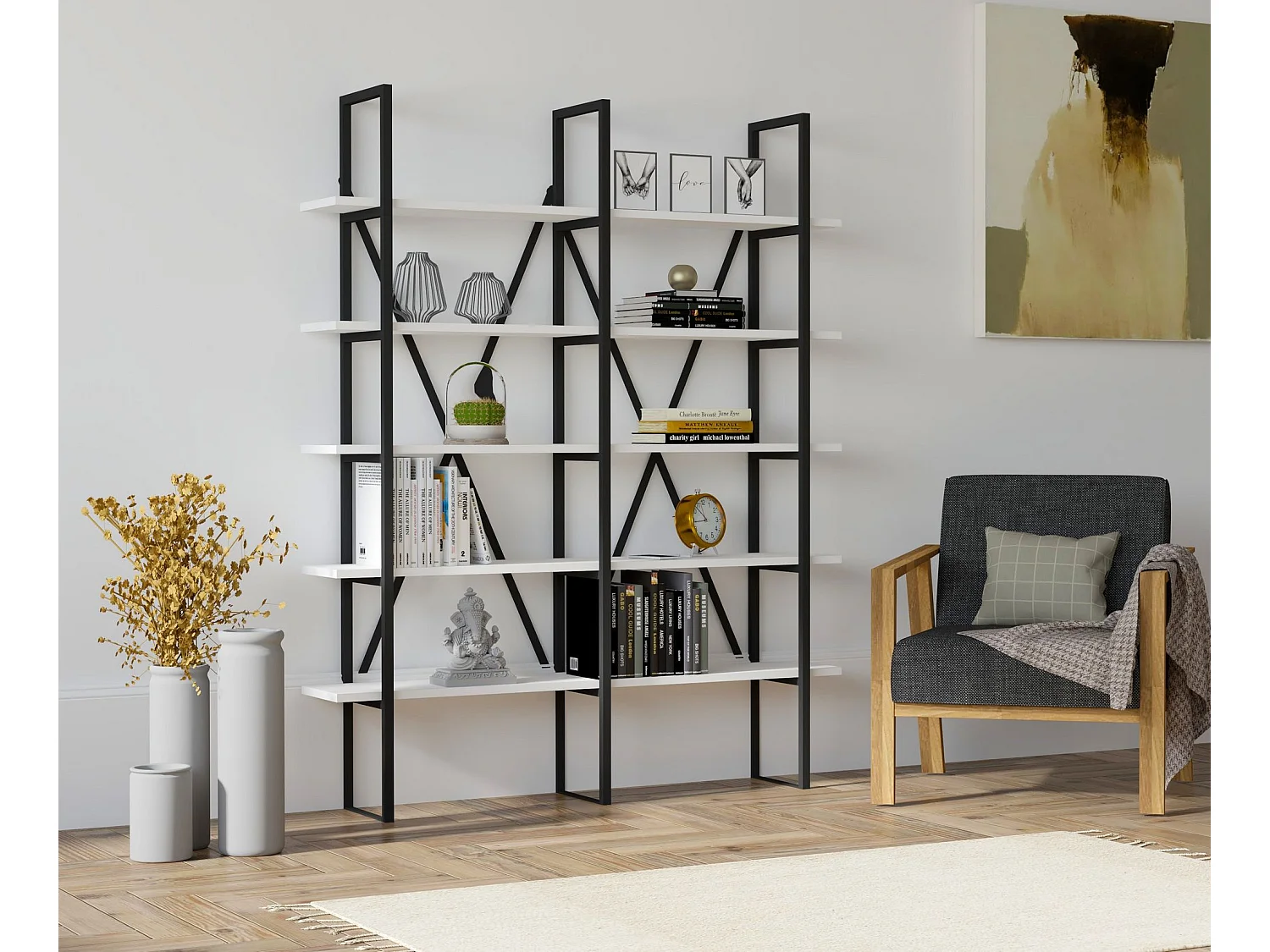 Librería – 126 cm x 160 cm x 26 cm – Blanco y Negro – Tablero de partículas recubierto de melamina y Metal