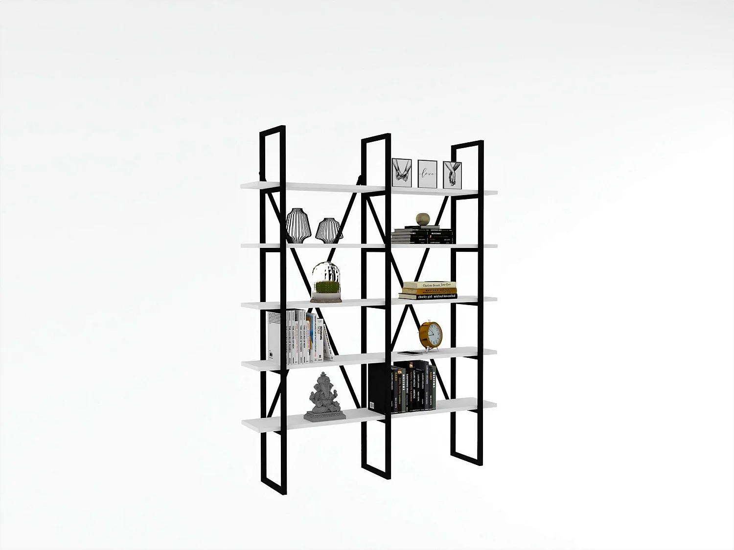 Librería – 126 cm x 160 cm x 26 cm – Blanco y Negro – Tablero de partículas recubierto de melamina y Metal