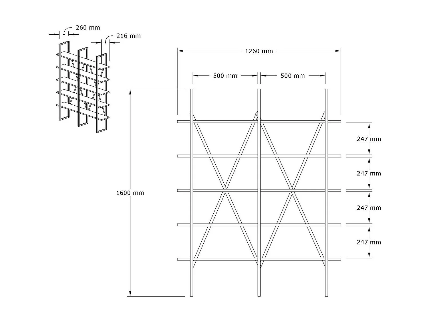 Librería – 126 cm x 160 cm x 26 cm – Blanco y Negro – Tablero de partículas recubierto de melamina y Metal