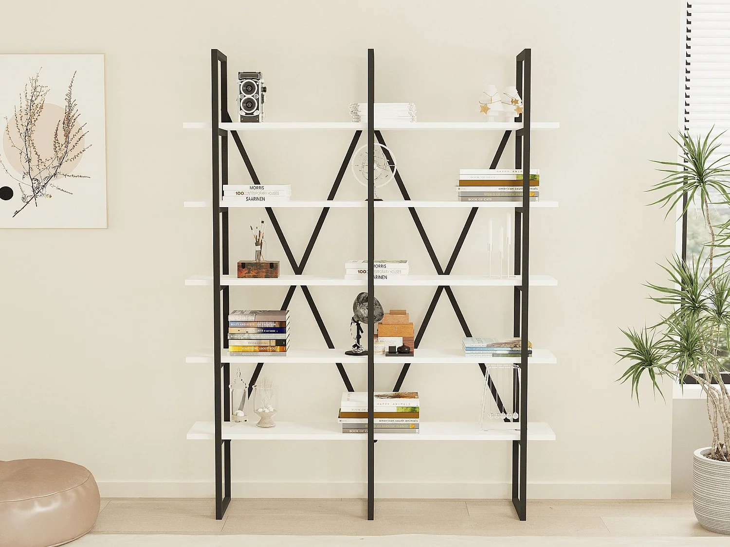 Librería – 126 cm x 160 cm x 26 cm – Blanco y Negro – Tablero de partículas recubierto de melamina y Metal