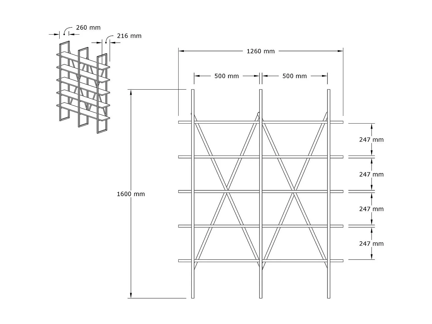 Estante de livros – 126 cm x 160 cm x 26 cm – Branco e Preto – Painel de partículas revestido a melamina e Metal