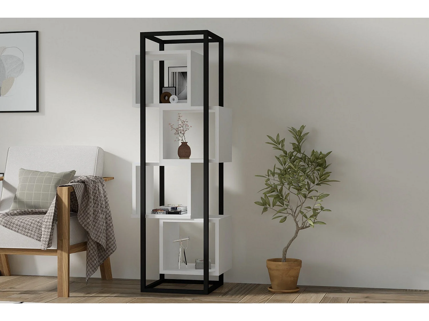 Estante moderna – 140 cm de altura, 44 cm de largura, 29 cm de profundidade – branca – painel de partículas revestido em melamina