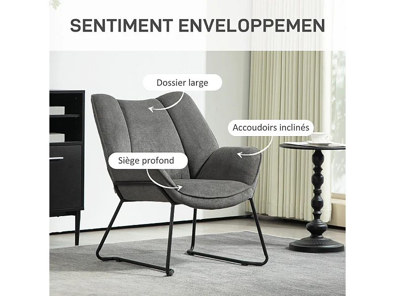 Fauteuil lounge design contemporain enveloppant acier noir tissu gris