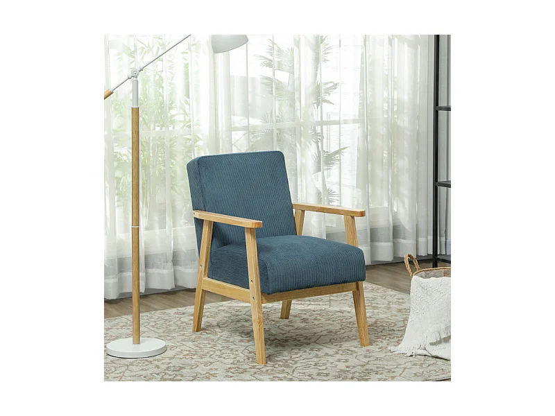 Fauteuil lounge style nordique bois hévéa velours côtelé bleu